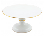 The Herend White and 24k Gold Footed Cake Plate features a hand-painted porcelain design with a scalloped edge, gold trim, and wide pedestal base, shown against a plain background.