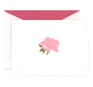 The Crane Peony Classic Note Card Set by Crane features a white card with a pink peony design and comes with a white envelope lined in elegant pink—perfect for thoughtful notecards.