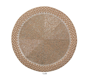The Kim Seybert Palisade Placemat features a woven gold beaded design and textured pattern, ideal for formal occasions. Displayed on a white background, it is labeled "Gold.