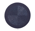 Round, dark blue Palisade Placemat by Kim Seybert with a subtle textured pattern, shown on a white background. Ideal as a beaded placemat for formal events. The color "Navy" appears below the placemat.