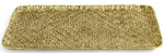 The Michael Aram Palm Rectangle Platter features sculpted textures and an elegant antique gold finish, part of the Palm Collection.