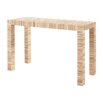 The Bungalow5 Parsons Papyrus Console Table features a rectangular design with four straight legs and a striped, layered wood pattern, embodying modern minimalism.
