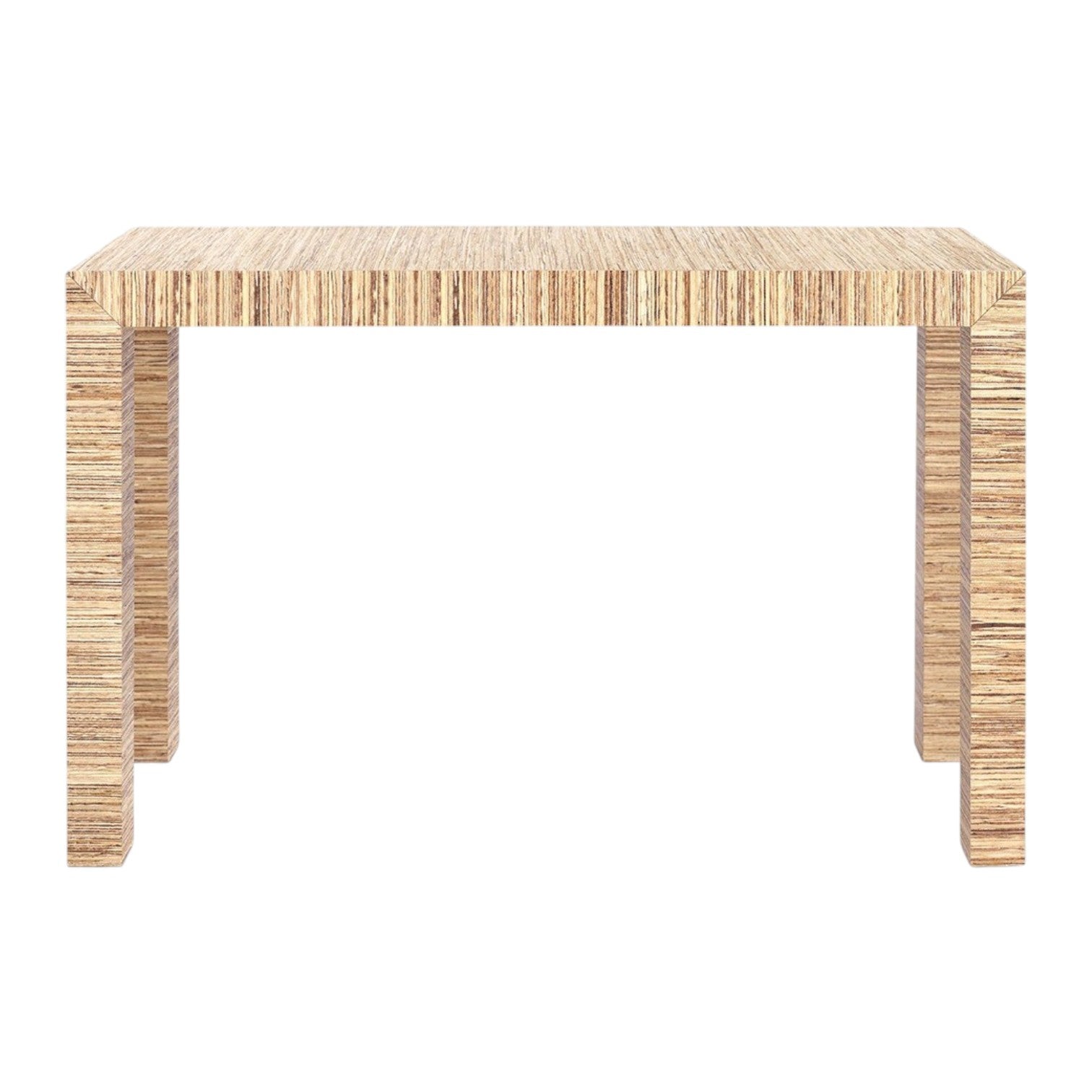 The Bungalow5 Parsons Papyrus Console Table features a rectangular wooden design with a striped, layered texture, modern minimalist lines, straight legs, a papyrus finish, and no visible hardware.