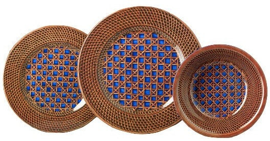 Three round woven Mario Luca Giusti Patagonia Blu Collection baskets with blue accents displayed against a white background, embodying an aesthetic research characteristic of Florence.