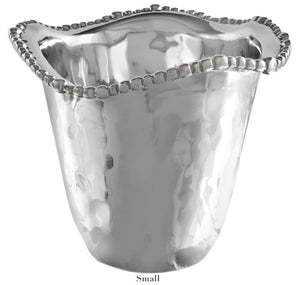 A small, hammered silver aluminum alloy bowl from the Beatriz Ball Organic Pearl Ice Bucket Collection features a wavy, beaded rim and is displayed against a white background.