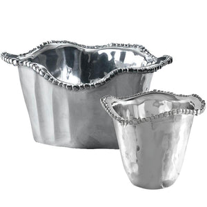 Two silver-toned aluminum alloy bowls from the Beatriz Ball Organic Pearl Ice Bucket Collection, featuring wavy edges, hammered texture, and pearl-inspired beaded rims—one large and one small—are shown on a white background.