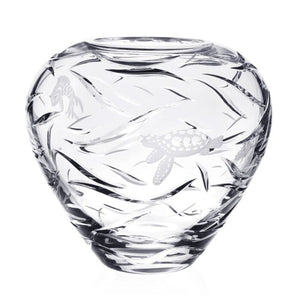 The Persephone Centerpiece Vase by William Yeoward Crystal features clear crystal with etched sea turtles and wave patterns, accentuated by intricate copper-wheel engraved details.