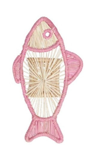 The Pinky Fin Napkin Ring by Mercedes Salazar features a fish-shaped design crafted from pink and beige string, adding whimsical charm and elegance to any table setting.