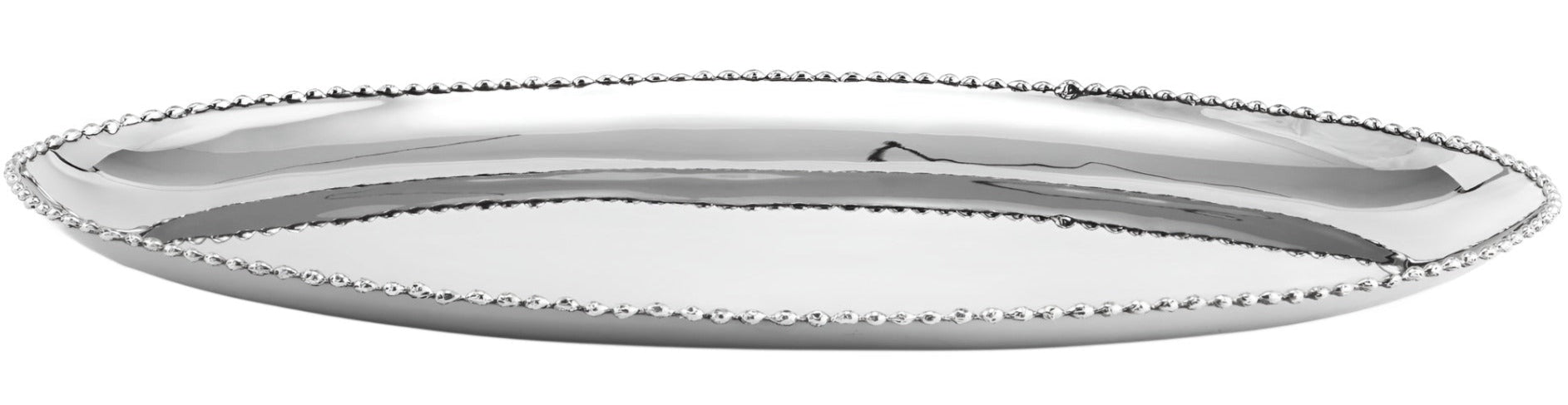 The Michael Aram Molten Oval Platter, Large, features a shiny silver finish, beaded rim, and contemporary handcrafted design from the Molten Collection, displayed on a plain white background.