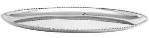 The Michael Aram Molten Oval Platter, Large, features a shiny silver finish, beaded rim, and contemporary handcrafted design from the Molten Collection, displayed on a plain white background.