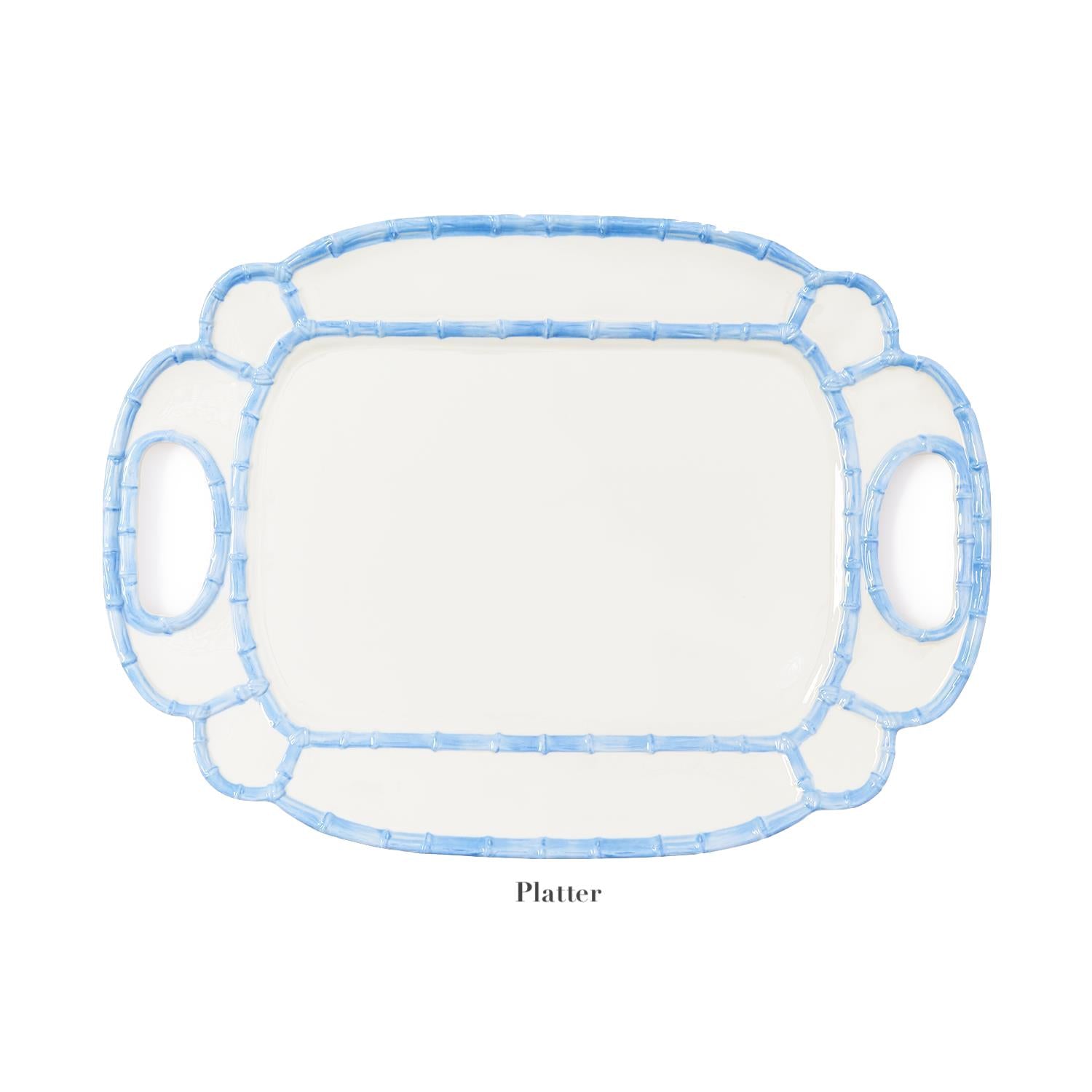 Rectangular white platter with light blue trim and two handles, viewed from above, labeled "Platter" underneath; part of the Melamine Bamboo Dinnerware Collection by Two's Company and made of shatter-resistant melamine.