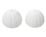 The Blue Pheasant Marina White Salt and Pepper Shaker Set includes two round, textured porcelain shakers with a sea urchin-inspired design and a small hole at the top.
