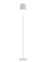 The Poldina Pro L Floor Lamp by Zafferano America, featuring a slim white cordless design with touch dimming, a conical shade, and rectangular base, stands against a plain white background.