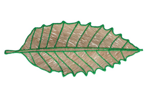 A brown Mini Leaf Tray by Mercedes Salazar features green outlines, veined details, and jagged edges for a tropical look, shown on a white background.