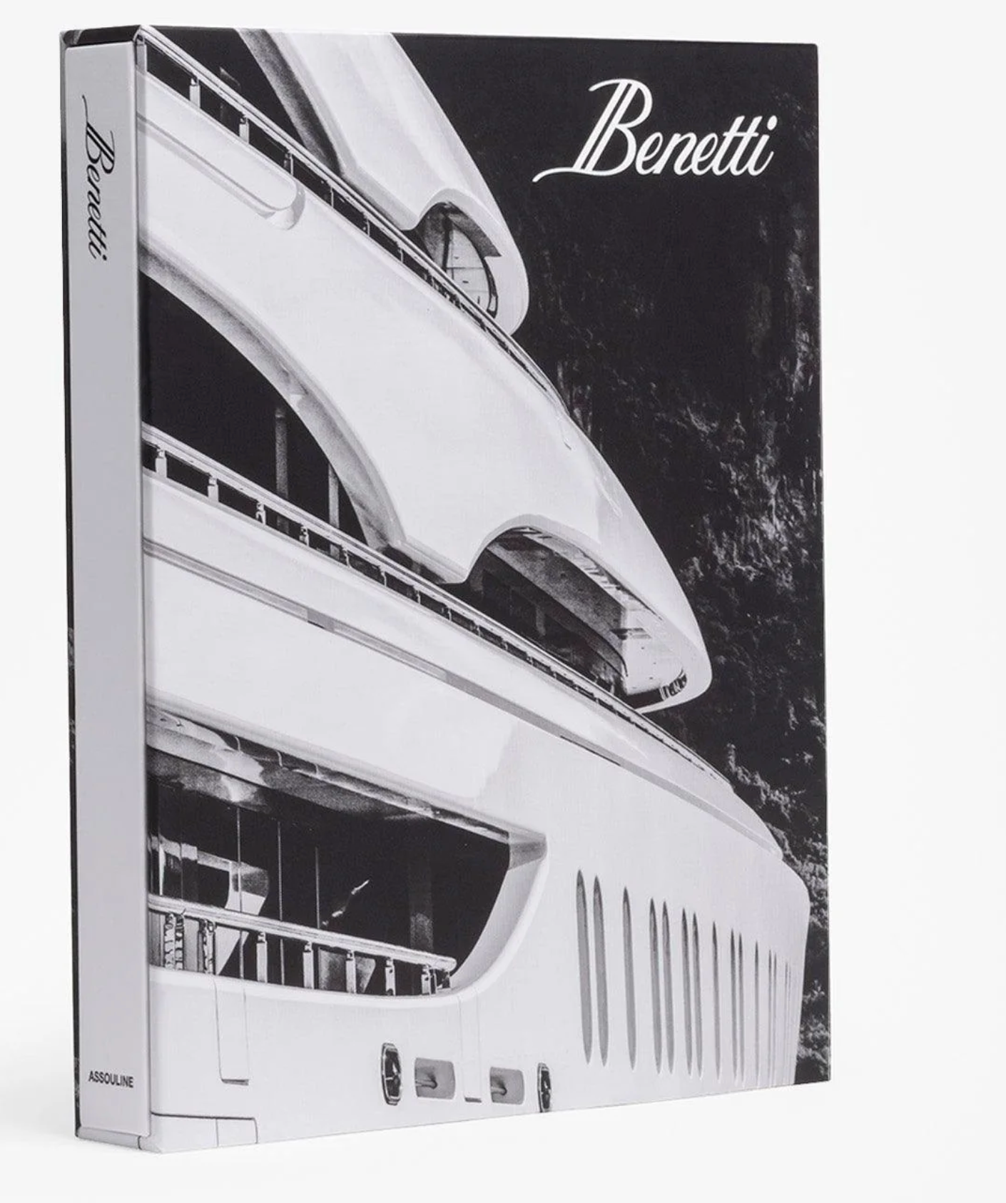 Assouline’s "Benetti Yachts" is a hardcover book with a black and white cover featuring a modern luxury yacht, showcasing the elegance and craftsmanship of Benetti.
