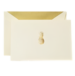 The Crane Gold Pineapple Classic Note Card Set features a cream envelope with a gold liner and a matching card with an embossed gold pineapple—ideal for hospitality thank yous or sophisticated note cards for any occasion.