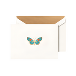 The Butterfly Classic Card Set by Crane features white cards with vibrant blue and orange butterfly illustrations and gold interior envelopes—ideal for butterfly lovers and fans of nature's enchanting visitors.