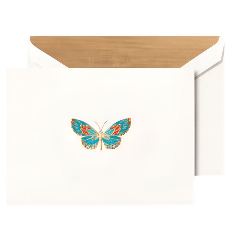 The Butterfly Classic Card Set by Crane features white cards with vibrant blue and orange butterfly illustrations and gold interior envelopes—ideal for butterfly lovers and fans of nature's enchanting visitors.