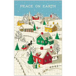 The Cavallini Papers and Co Peace On Earth 500 Piece Puzzle features a vintage-inspired snowy village scene with people, houses, a horse-drawn sleigh, and “Peace on Earth” at the top—perfect for the holiday season.
