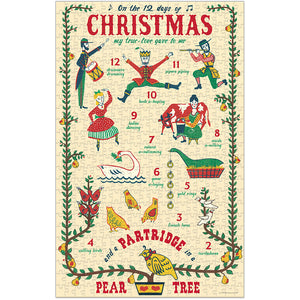 The Cavallini Papers and Co Twelve Days of Christmas 500 Piece Puzzle features vintage illustrations and vibrant numbers, bringing each gift from the classic song to life, from a partridge in a pear tree to twelve drummers drumming.