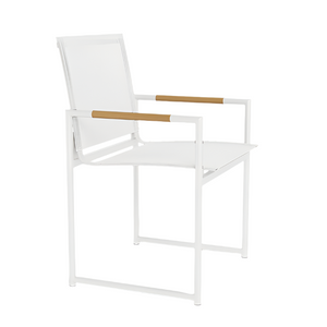 The HARBOUR OUTDOOR Breeze Dining Chair in White Panama Blanco is a modern aluminum outdoor chair with straight legs, brown-accented armrests, a white metal frame, and an all-weather sling seat, shown against a plain white background.