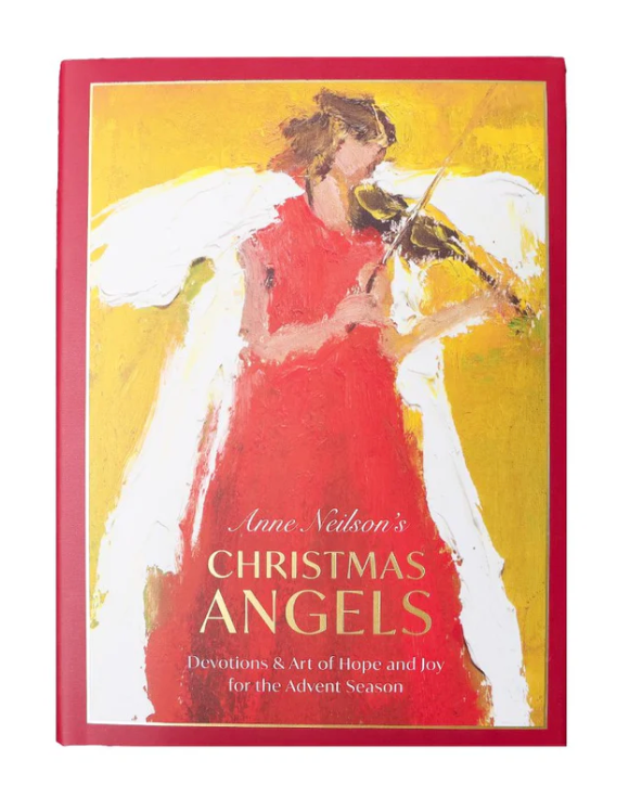 Anne Neilson's "Christmas Angels: Devotions and Art of Hope and Joy for the Advent Season" features an angel in a red dress playing violin on the cover—ideal as a heartfelt devotional for Christmas.
