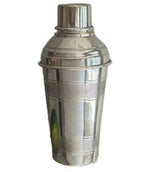 The Hôtel Silver Vintage Cocktail Shaker with Double Engine-Turned Bands features a polished stainless steel finish and Deco-inspired ribbed design, shown upright against a plain background.