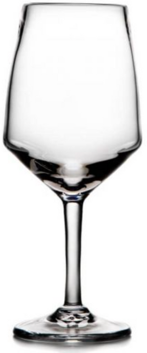 A clear, empty wine glass from the Bristol Drinkware Collection by Simon Pearce—shown on a white background—blends Northeast Islander-inspired elegance with proportions inspired by the Golden Ratio.