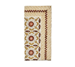 The Majorelle Napkin Set by Kim Seybert features handcrafted napkins with a red, brown, and yellow floral and leaf design bordered by yellow stripes and brown scalloped lines, evoking traditional Indian block prints.