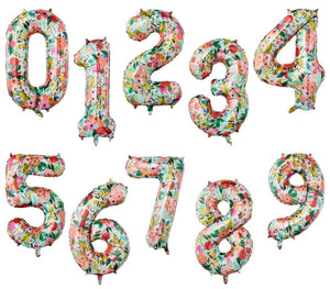 Ten Riffle Paper Co. Garden Party Number Balloons, shaped 0–9, each featuring a colorful floral pattern on white—perfect for vibrant balloon bouquets or floral arrangements.
