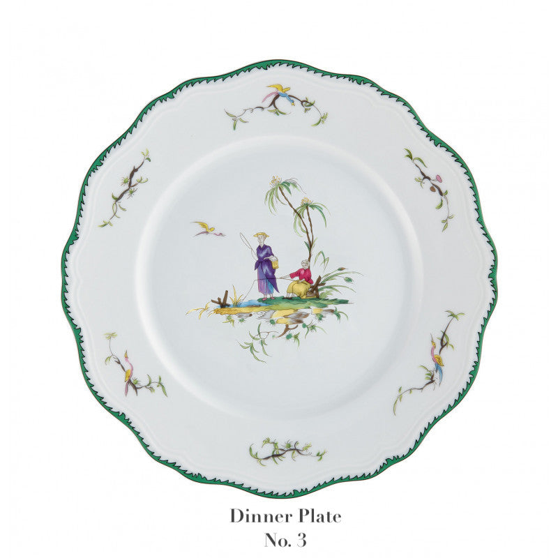Raynaud Longjiang Dinnerware Collection dinner plate in white porcelain features a scalloped green-edged rim, floral motifs, and a central pastoral scene inspired by Vieux Marseille faience. Text below reads "Dinner Plate No. 3.