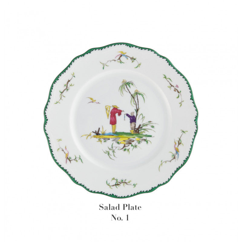 Salad Plate No. 1 from the Longjiang Dinnerware Collection by Raynaud: a white plate with scalloped green trim, two figures and foliage at center, evoking Vieux Marseille faience with its pastoral charm.