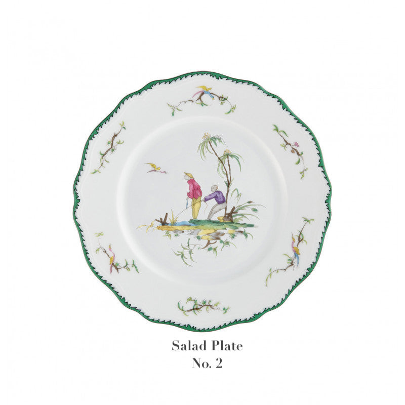 Raynaud's Longjiang Dinnerware Collection: Salad Plate No. 2, a white plate with a green scalloped rim and a Vieux Marseille pastoral scene, inspired by classic faience dinner services.