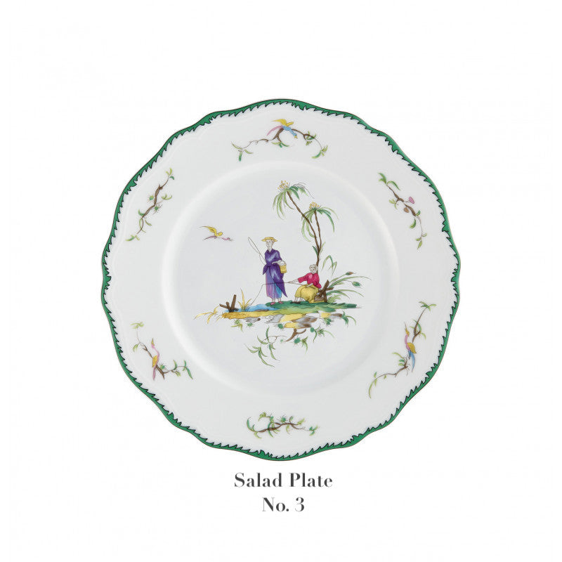 The Raynaud Longjiang Dinnerware Collection Salad Plate No. 3 features a white base with scalloped green-trimmed edge, a painted pastoral scene of two figures by a tree, and floral accents, inspired by Vieux Marseille faience.