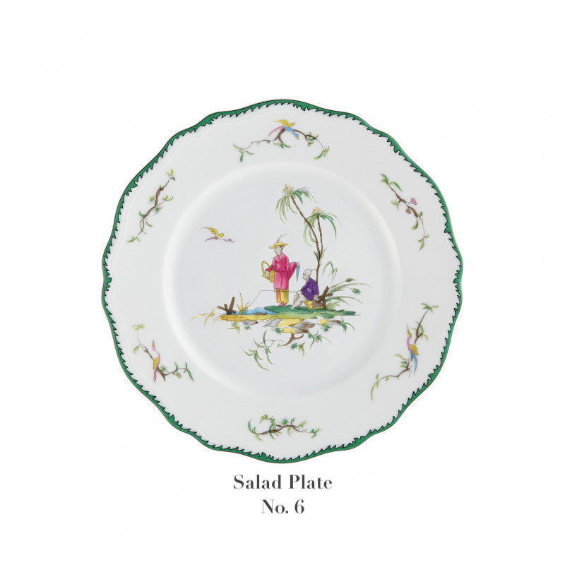 From the Raynaud Longjiang Dinnerware Collection: Salad Plate No. 6 features a scalloped green rim and Vieux Marseille-inspired central art of a traditionally dressed figure amid birds, foliage, and a tree.