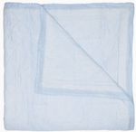 The John Robshaw Nandi Light Indigo Quilt, a folded blue and white striped cotton voile piece, is shown on a white background with one corner turned down to reveal the reverse—showcasing the elegance of traditional Indian quilts.