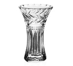 The Rosie Posy Vase by William Yeoward Crystal features vertical and diagonal cuts with a flared rim, perfect as a stunning dining table centerpiece. Shown against a white background.