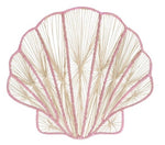 Pink-outlined illustration of a scallop shell, inspired by the Rosy Seashell Placemat from Mercedes Salazar, featuring delicate beige string art lines that evoke the placemat’s handcrafted design.