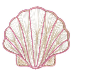The Rosy Seashell Tray by Mercedes Salazar features a beige string art seashell design with a pink outline, set against a white background—an elegant handmade accent piece.