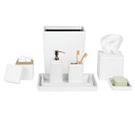 The Rothwell Bath Collection by Pigeon & Poodle features water-resistant, durable white accessories: waste bin, tissue box, soap dispenser, toothbrush holder, tray, covered jar, and a soap dish with soap and cotton balls.