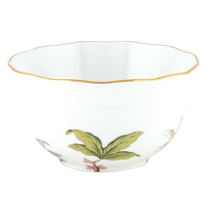 The Herend Foret Garland Collection bowl features a scalloped, gold-edged rim and hand-painted porcelain green leaf and flower motifs.
