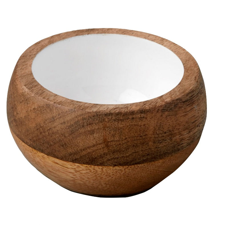 The Be Home Madras Curva Small Bowl is a handcrafted, round mango wood bowl with a smooth white interior, shown against a plain white background.