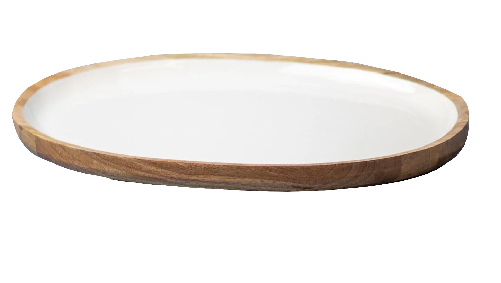 The Madras Platter Collection by Be Home features a round, shallow plate with a white center and sustainably sourced mango wood rim, shown against a white background.