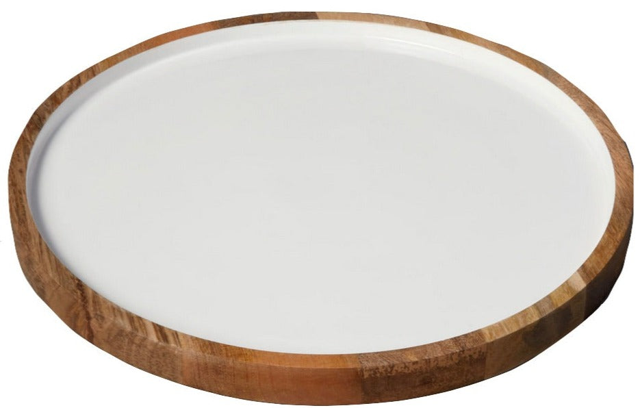 A Be Home Madras Platter Collection with a wooden base, sustainably sourced from mango wood.