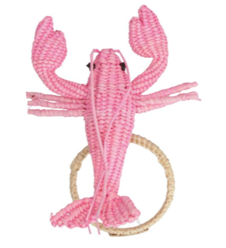 Add coastal charm to your beach-themed parties with the Mercedes Salazar Lobster Napkin Ring—a pink woven lobster-shaped accent featuring a looped ring at the bottom, perfect for elegant table settings.