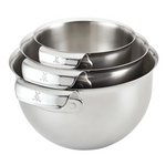 The Hestan Provisions Stainless Steel Mixing Bowl 3-Piece Set features nested bowls with ergonomic handles, a smooth reflective finish, and is dishwasher safe for easy cleanup.