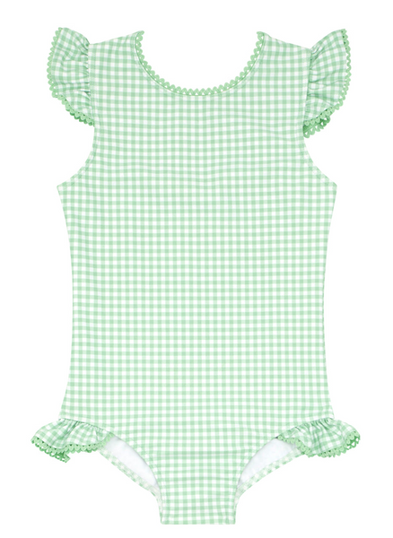 Green and white gingham Minnow Girls' Ruffle Sleeve Rashguard One Piece with ruffled sleeves and leg openings, designed for sun coverage, displayed on a white background.