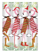 Caspari’s Christmas Flamingos Crackers feature four pink flamingos dressed in Santa hats, festive scarves, and holiday socks or boots amid green palm leaves—ideal as a whimsical decoration or a cheerful Christmas Cracker trinket.