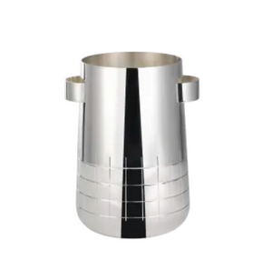The Christofle Graphik Insulated Silver Plated Wine Cooler features a cylindrical shape, two side handles, and a grid-like lower half, combining elegance with functionality.