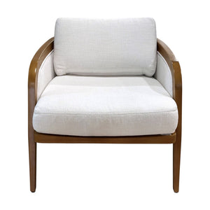 The Schooner Lounge Chair in Outdoor Ivory Chenille by McGuire Furniture features a wooden frame with white upholstered cushions, crafted from naturalistic materials, shown from the front against a white background.